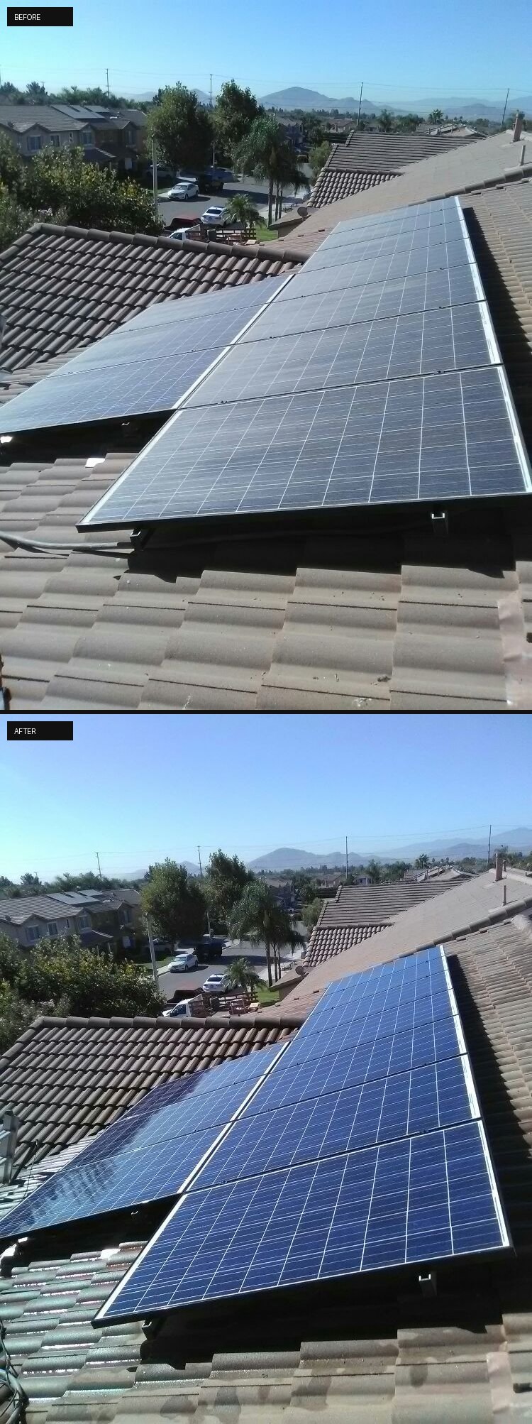 Tile-roof solar array before and after cleaning - EC Services