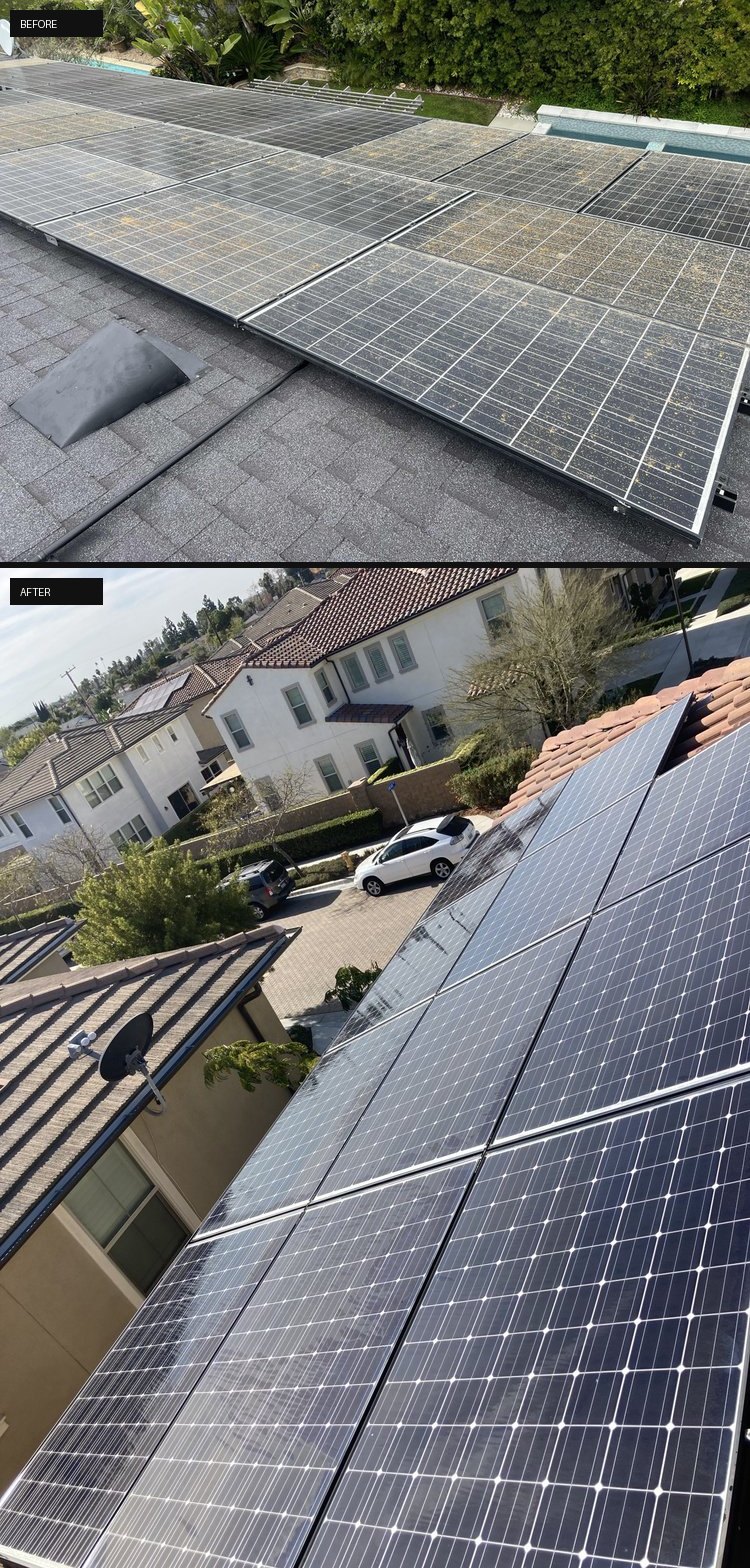 Rooftop solar panels before and after cleaning - EC Services