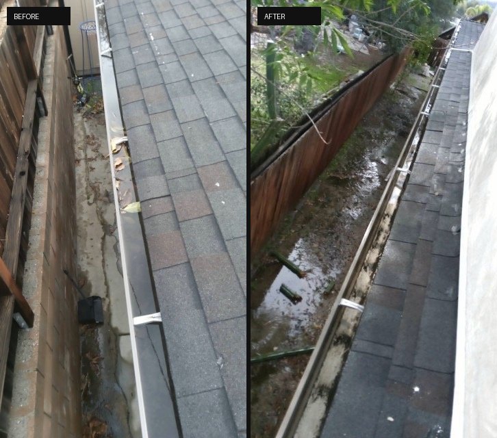 Rain gutter before and after a clear-out - EC Services